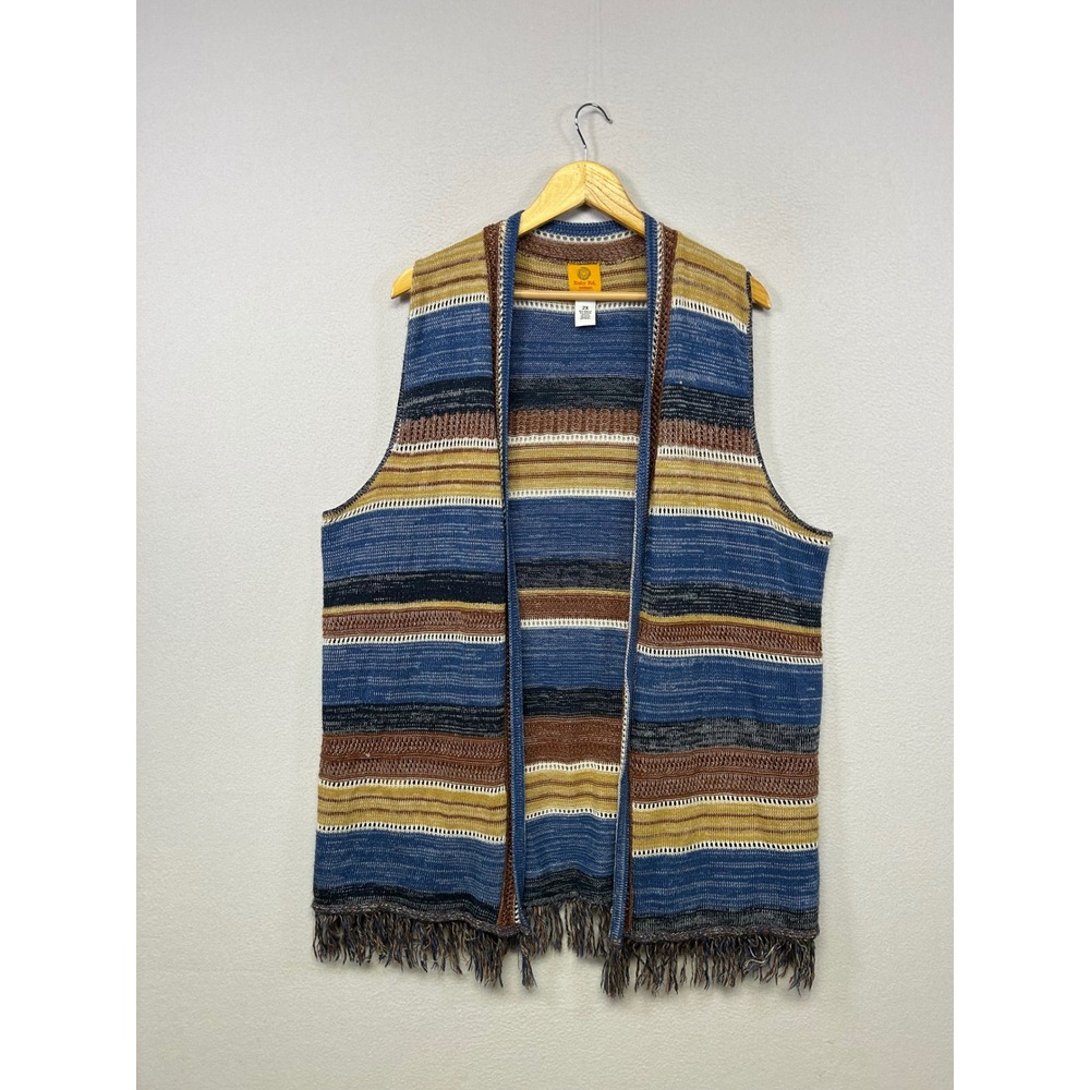 Boho Coastal Grandma Ruby Rd. Woman 2X Blue Striped Fringe Open Front Knit Vest